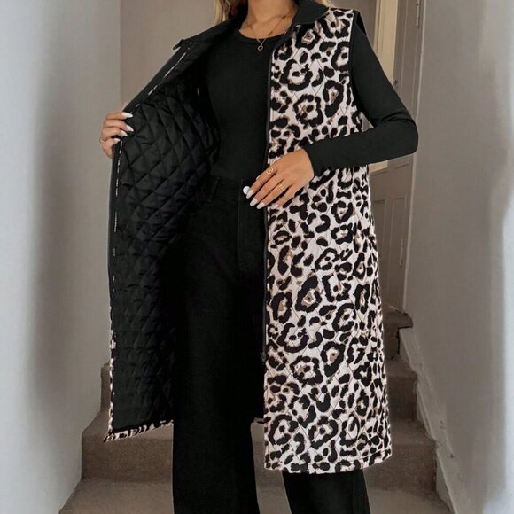 Casual Women's Leopard print Zip up Long Vest Jacket With Pockets - Picture 5 of 6